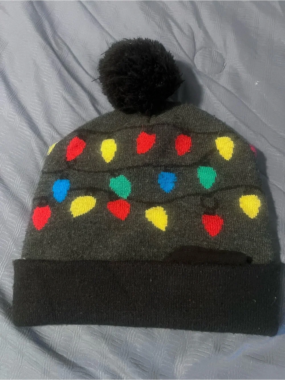 Kids 'Fa La La' Pom Beanie Hat in Dark Gray with Multi-Colored Lights